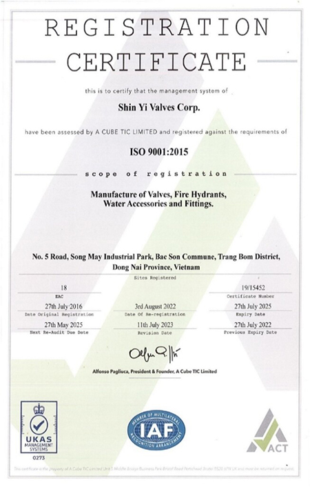 Chứng nhận ISO 9001:2015 - Van Công Nghiệp - Công Ty Cổ Phần Van Shin Yi